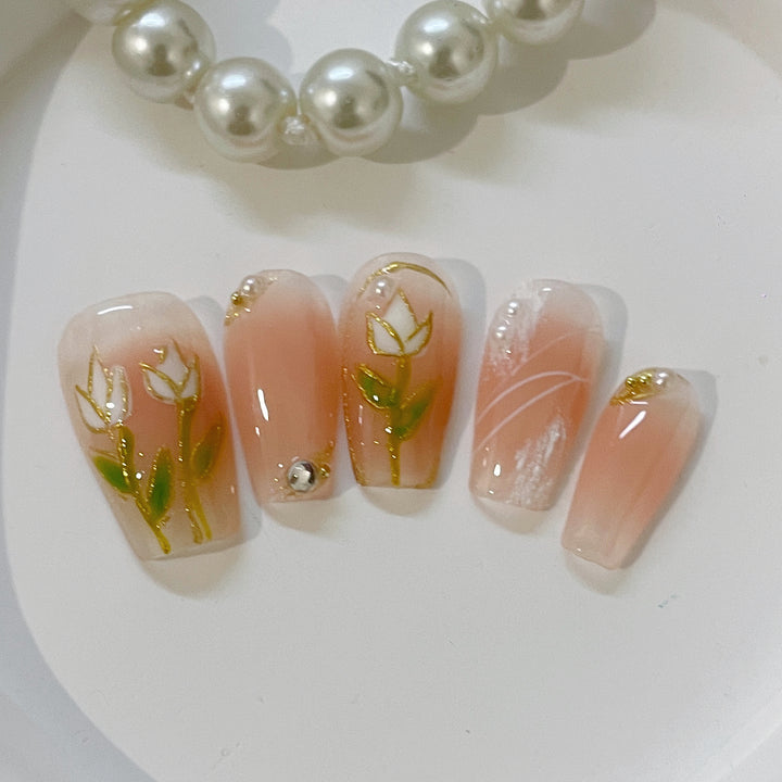 Press on nails- Gold Strokes Flower